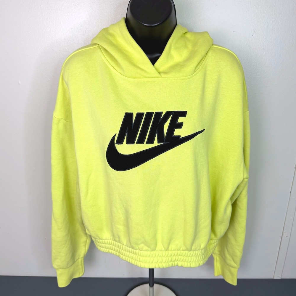 Nike Hoodie Womens Medium Volt Yellow Sportswear Cropped Pullover Futura Logo